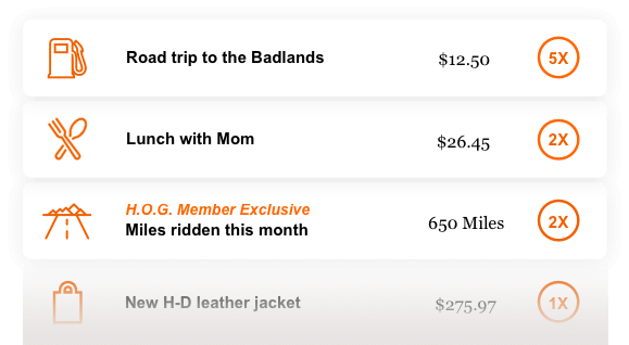 Examples are Road trip to the Badlands - 5x's points; Lunch with Mom -2x's points and Hog member exclusive is Miles ridden this month - 2x's points.