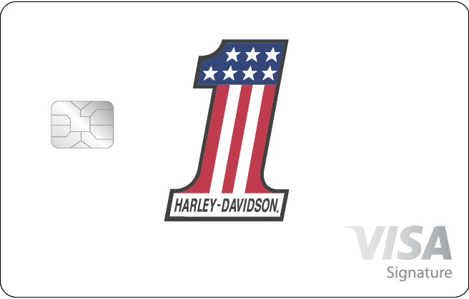 A white matte card using the H-D® One logo in an American flag design with a metallic finish over the blue and red stars and stripes.