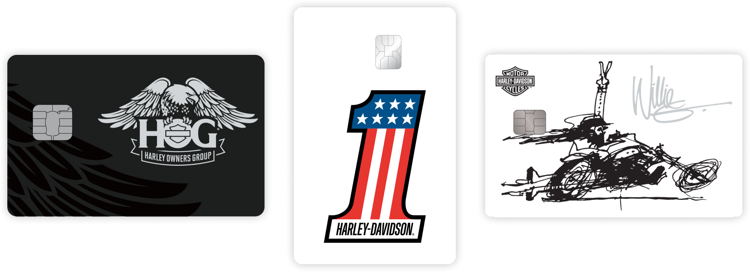 card 1 is black with wings illustration, card 2 is white with a stars and stripes 1 illustration, card 3 is a biker drawing by Willie G Davidson