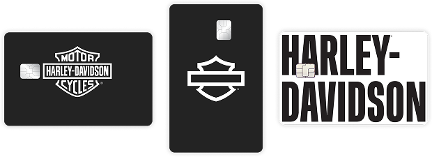 card 1 is black hdv logo, card 2 is black with graphic HDV logo, card 3 is white with black name Harley-davidson